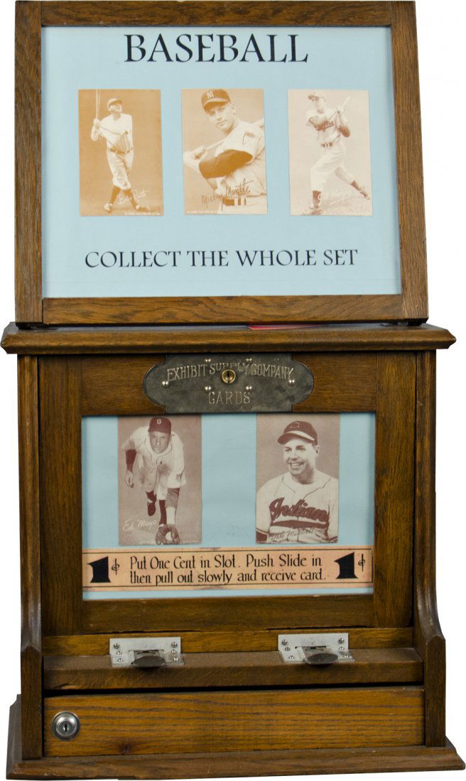 1 Cent Wood Baseball Card Exhibit Vending Machine by: 1 Cent Wood Baseball Card Exhibit Vending Machine by Exhibit Supply Company, "Baseball Collect the Whole Set" w/ Exhibit Card 1980 Hall of Fame pictures of Babe Ruth, Mickey Mantle, and Gil Hodges on