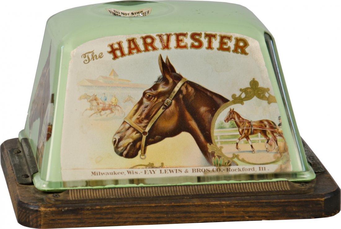 The Harvester Countertop Glass Wind-Up Cigar Cutter: The Harvester Countertop Glass Wind-Up Cigar Cutter On Wood Base, featuring horses, "Milwaukee, Wis. - Fay Lewis & Bros. Co. - Rockford, Ill.", The Brunhoff MFG. Co. Cincinnati, Ohio