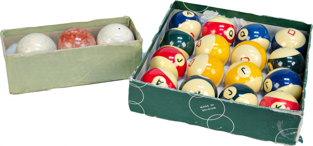 Lot of Billiard/Pool Balls:: Lot Of Billiard/Pool Balls: 1 - Set of 16 cast-resin billiard balls w/ letters and playing card suits & 1 - Set of 3 Carom billiards balls [2 white (Ivory), 1 red]