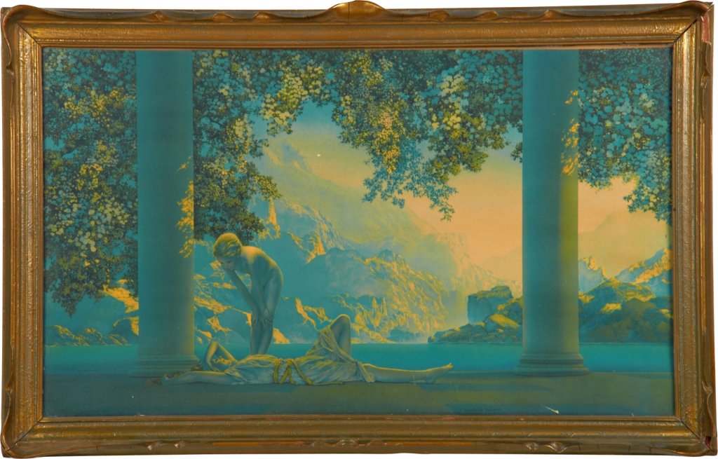 Lot Of 2 Art Prints In Frames: Lot Of 2 Art Prints In Frames: 1 - early Maxfield Parrish "Daybreak" The House of Art, N.Y. c1922 - 33" x 21" & 1 - early R. Atkinson Fox "Love's Paradise", c1925, Borin, Chicago - 32" x 21"