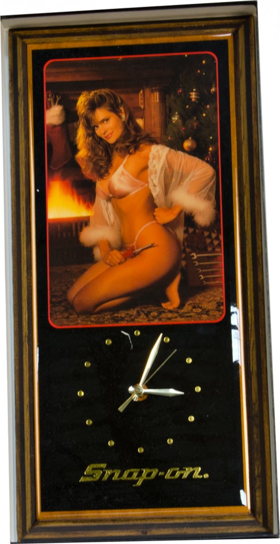 Contemporary "Snap-On" Tools Pin-Up Girlie Christma: Contemporary "Snap-On" Tools Pin-Up Girlie Christmas Theme Wall Clock c1980s, new in box - 11" x 23"
