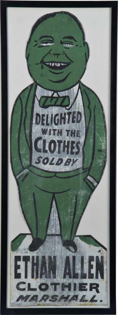 Ethan Allen Clothier Marshall Die-Cut Painted Tin: Ethan Allen Clothier Marshall Die-Cut Painted Tin Advertisement Display Sign in Frame, featuring cut out of man in suit, "Delighted With The Clothes Sold By" - 38" x 14"