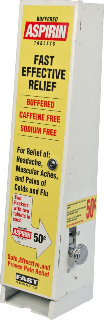 50 Cent Buffered Aspirin Tablets Wall Mount Column: 50 Cent Buffered Aspirin Tablets Wall Mount Column Sheet Metal Vending Machine, "Fast Effective Relief", Fast Pharmaceutical Fort Lauderdale, FL, c1991, w/ key