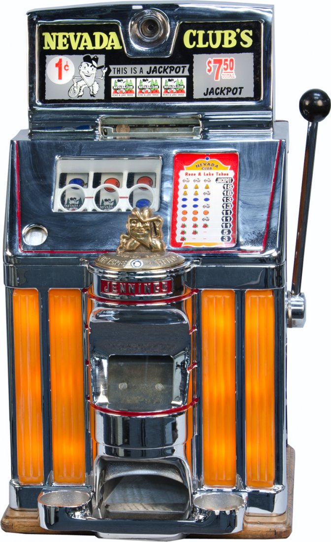1 Cent O.D. Jennings Nevada Club Light-Up Sun Chie: 1 Cent O.D. Jennings Nevada Club Light-Up Sun Chief-style Slot Machine w/ ashtray/holder on front, "Nevada Club Lake Tahoe Reno", instead of Indian head, it has Nevada Club mascot (shape of Nevada) w/