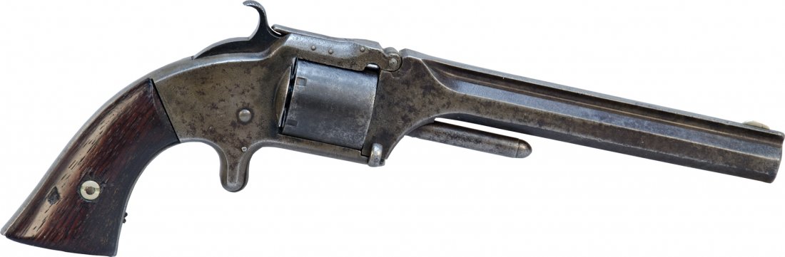 Antique Smith & Wesson No. 2 Army, .22 Caliber, 6-: Antique Smith & Wesson No. 2 Army, .22 Caliber, 6-Shot, Single Action, 6" Octagonal Barrel, SN# 32263, c1860s. Has "tip-up" style frame, released just in time for the commencement of hostilities in th