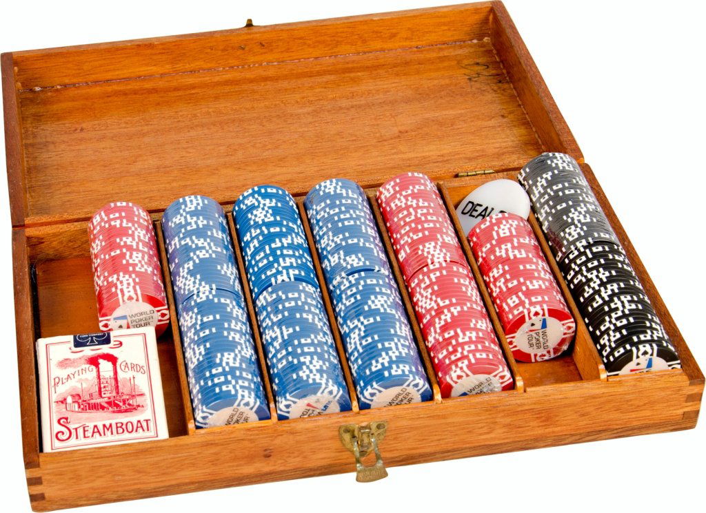 Wooden Poker Chip/Gambling Case w/ World Poker Tou: Wooden Poker Chip/Gambling Case w/ World Poker Tour Gaming Chips, 999 Steamboat Playing Cards, and "Dealer" Marker, 7-Compartment - 14" x 8" x 3"