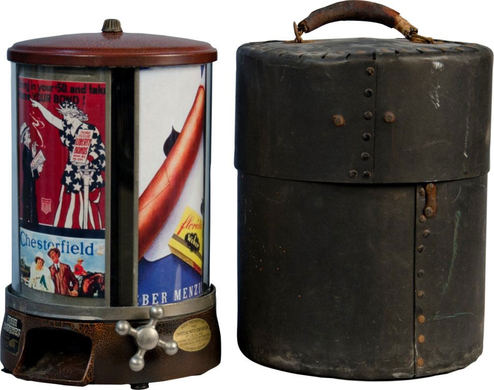 Salesman Sample Match Vending Machine In Cylinder: Salesman Sample Match Vending Machine In Cylinder Carrying Case,assorted vintage cigarette/match advertisements in glass cylinder display w/ original orange and black crackle paint - turn knob for mat