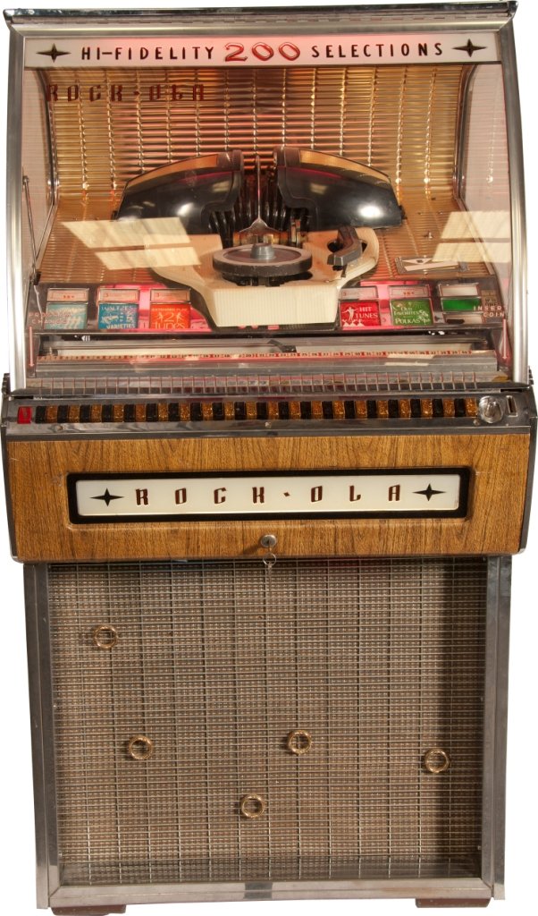 Rock-Ola 1455D Deluxe Model Hi-Fidelity Jukebox: Rock-Ola 1455D Deluxe Model Hi-Fidelity Jukebox, 200 Selection, holds 100 45s, plays 45s and Extended Play records, illuminated grill, c1957, w/ new speakers, recapped amp, new wiring, new needle and 