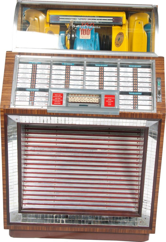 Seeburg Select-O-Matic M100B Jukebox: Seeburg Select-O-Matic M100B Jukebox w/ records, plays 100 selections of 45 RPM 7" records, c1952-4 w/ key