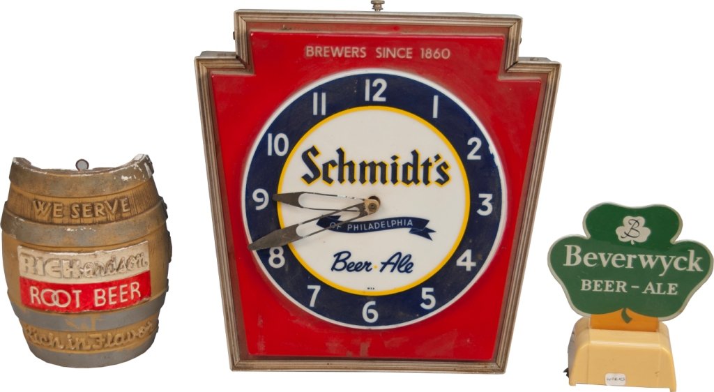 Lot Of 3 Misc. Vintage Advertisement Items: Lot Of 3 Misc. Vintage Advertisement Items: 1 - Schmidt's Beer-Ale plastic light-up clock (AS IS - not working), 1 - We Serve Richardson ROOT BEER molded plaster figural barrel sign - 7" x 9" & 1 - Be