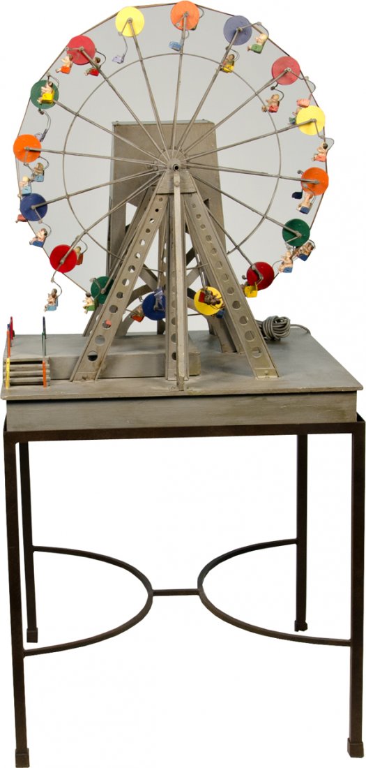 Wood & Metal Figural Carnival Ferris Wheel Ride Di: Wood & Metal Figural Carnival Ferris Wheel Ride Display Model, c1940s, on stand, works