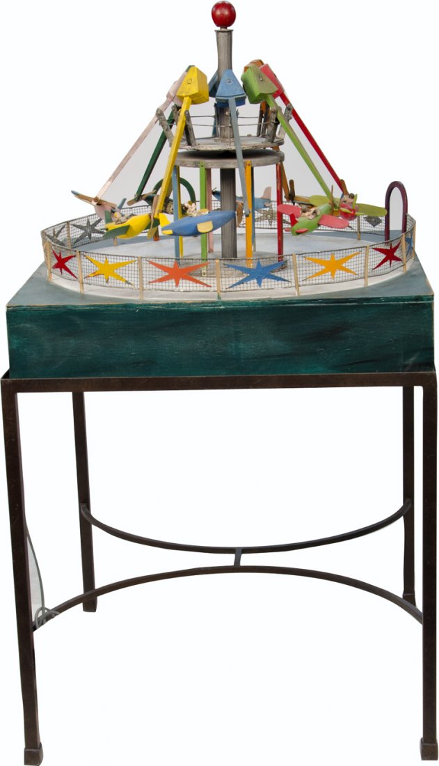 Wood & Metal Figural Carnival Flying Airplane Ride: Wood & Metal Figural Carnival Flying Airplane Ride Display Model, c1940s, on stand, works