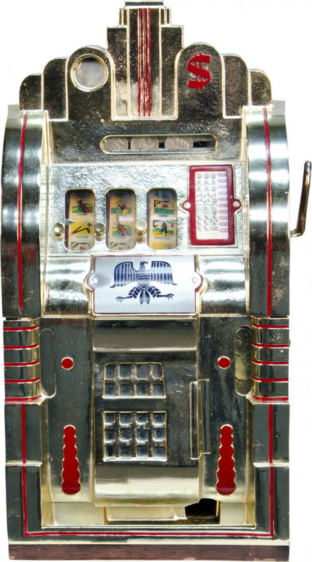 $1 Mills Novelty Extraordinary Golf Theme Reels Sl: $1 Mills Novelty Extraordinary Golf Theme Reels Slot Machine, c1933, w/ skill stops, gold front w/ key