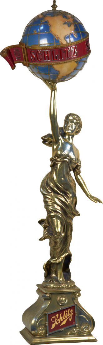Schlitz Beer Figural Gold Woman w/ Globe Light-Up: Schlitz Beer Figural Gold Woman w/ Globe Light-Up Display Lamp, "The Pure Mark", signed J. Rebechini, c1976, Jos. Schlitz Brewing Co. Milwaukee, Wis. - 45"h
