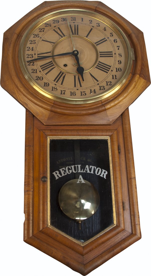 Antique Ansonia Regulator-A Wood Wall Mount Calend: Antique Ansonia Regulator-A Wood Wall Mount Calendar Clock, day numbers on clock face, overhauled, circa early 1900s - 12"d, 32"h