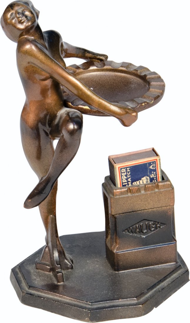 Stamped Frank Art Deco Figural Nude Countertop Mat: Stamped Frank Art Deco Figural Nude Countertop Match Holder and Ashtray w/ American Clipper matches, bronze colored, Waugh Equipment Company New York - 10"h
