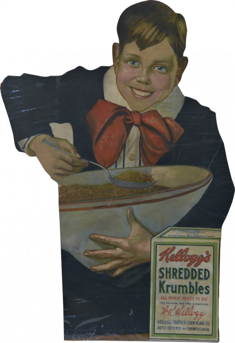 Kellogg's Shredded Krumbles Die-Cut Cardboard Boy: Kellogg's Shredded Krumbles Die-Cut Cardboard Boy w/ Cereal Advertisement Display Sign, "All Wheat Ready To Eat", Kellogg Toasted Corn Flake Co. Battle Creek, Mich. and Toronto, Canada - 24" x 34"h