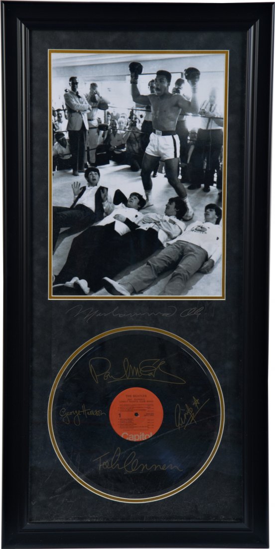 Autographed Muhammed Ali & The Beatles Photograph : Autographed Muhammed Ali & The Beatles Photograph in Frame, includes signed "Sgt. Pepper's Lonely Hearts Club Band" record - 39.5" x 19.5"