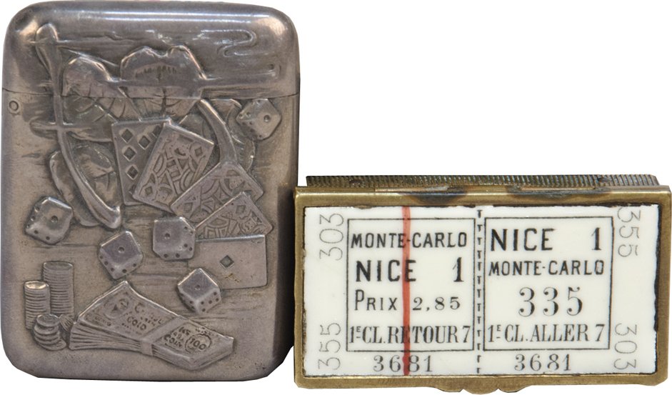 Lot of 2 Early Gambling Motif Match Safes:: Lot Of 2 Early Gambling Motif Match Safes: 1 - Monte Carlo roulette table ceramic double-sided & 1 - Gambling items, silver