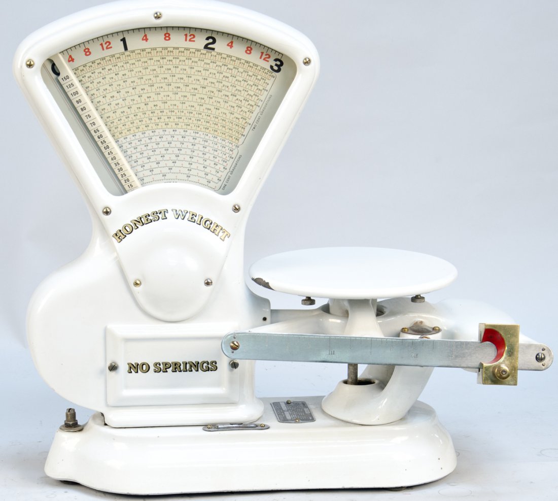 Early Toledo Scale Co. Style No. 30.714 BQ White P: Early Toledo Scale Co. Style No. 30.714 BQ White Porcelain Countertop 6 LB Scale, "Honest Weight - No Springs", nice original condition