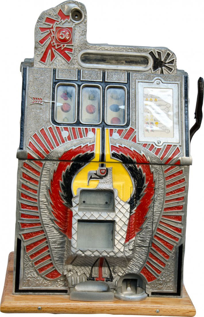 5 Cent Mills Novelty Half-Top War Eagle Double Jac: 5 Cent Mills Novelty Half-Top War Eagle Double Jackpot Slot Machine, c1931 (no back door)