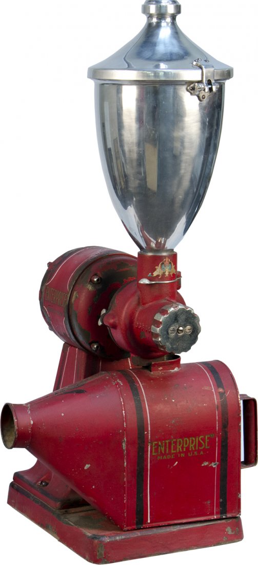Early Enterprise MFG. Co Machine No. 71 Red Elect: Early Enterprise MFG. Co Machine No. 71 Red Electric Countertop Coffee Grinder, serviced and running, all original w/ pinstriping detail, c1920s, Serial no. 28410