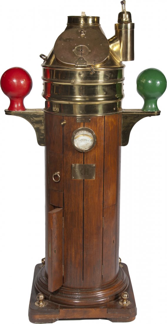 Early Kelvin & Hughes Ship's Binnacle No. 72908: Early Kelvin & Hughes Ship's Binnacle No. 72908, wood w/ brass hood, cast-iron navigator balls and ten inch dry compass card, Made in Great Britain, good condition - 57"h