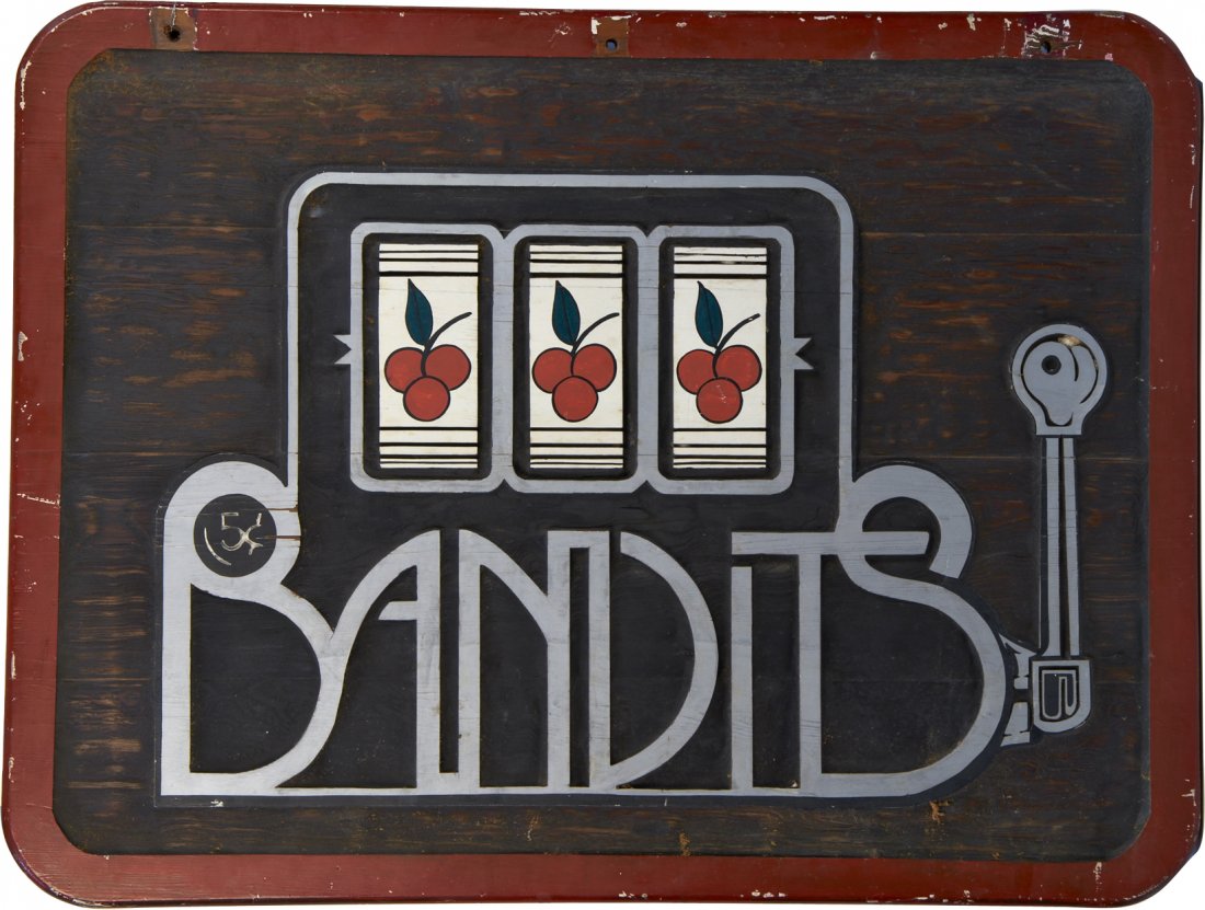 Large Double-Sided Painted Self-Framed Wood Slot M: Large Double-Sided Painted Self-Framed Wood Slot Machine "Bandits" Sign, depicts 3-Reel cherry slot - 48" x 36"h, 2 part sign w/ hanging attachable painted wood double-sided sign "By Appt Only 477-923