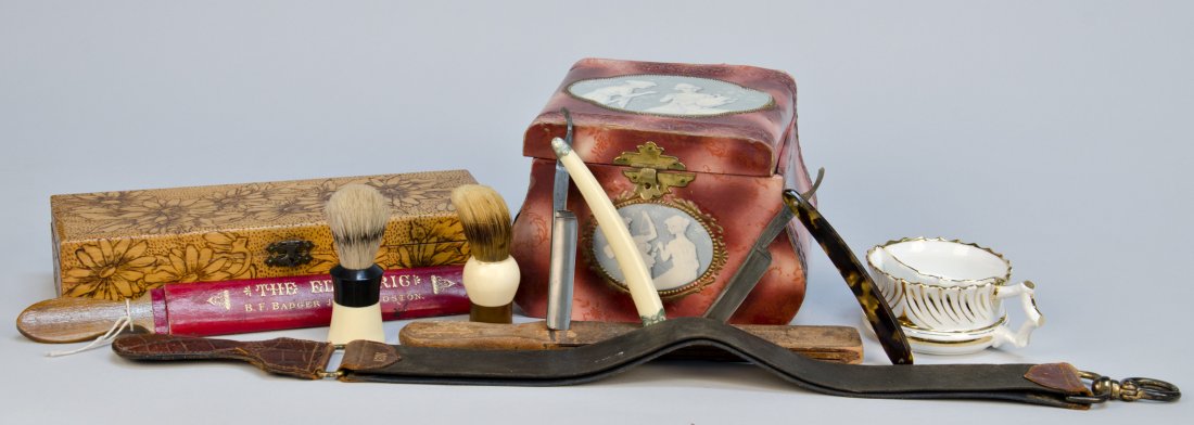 Lot Of Early Barber Shop Items/Accessories Includi: Lot Of Early Barber Shop Items/Accessories Including: razor blades, shaving whisks, Koken Made "URANUS" leather razor belt, etc.