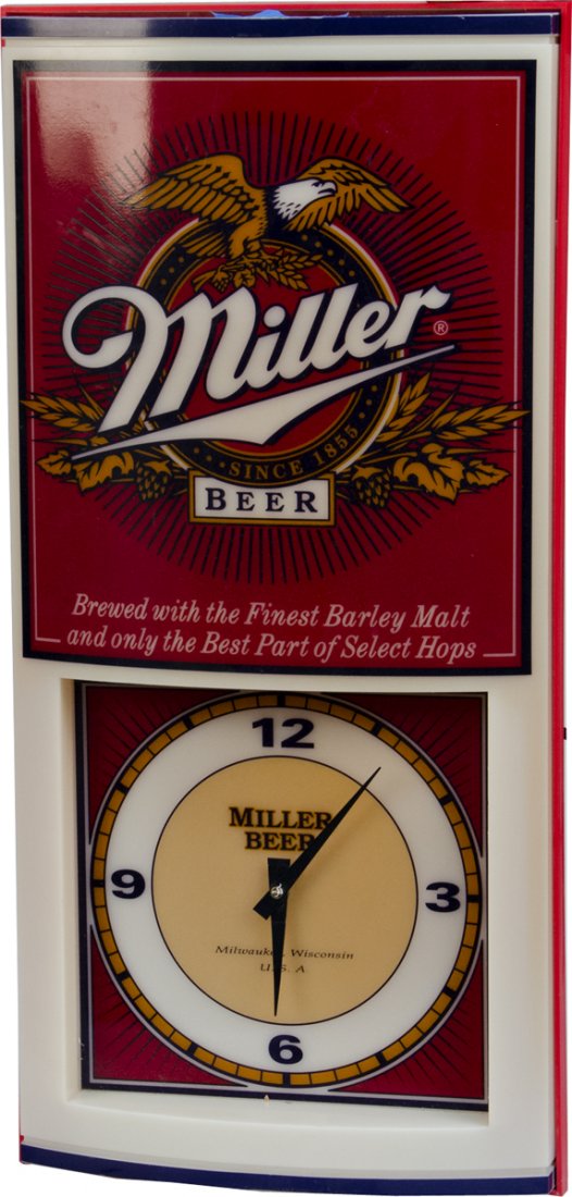 Miller Beer Light Up Advertisement Wall Clock: Miller Beer Light Up Advertisement Wall Clock, "Brewed with the Finest Barley Malt and Only the Best Part of Select Hops", Item #OANQ700 TA 92, Miller Brewing Company, Milwaukee, WI USA - 12"w x 24"h