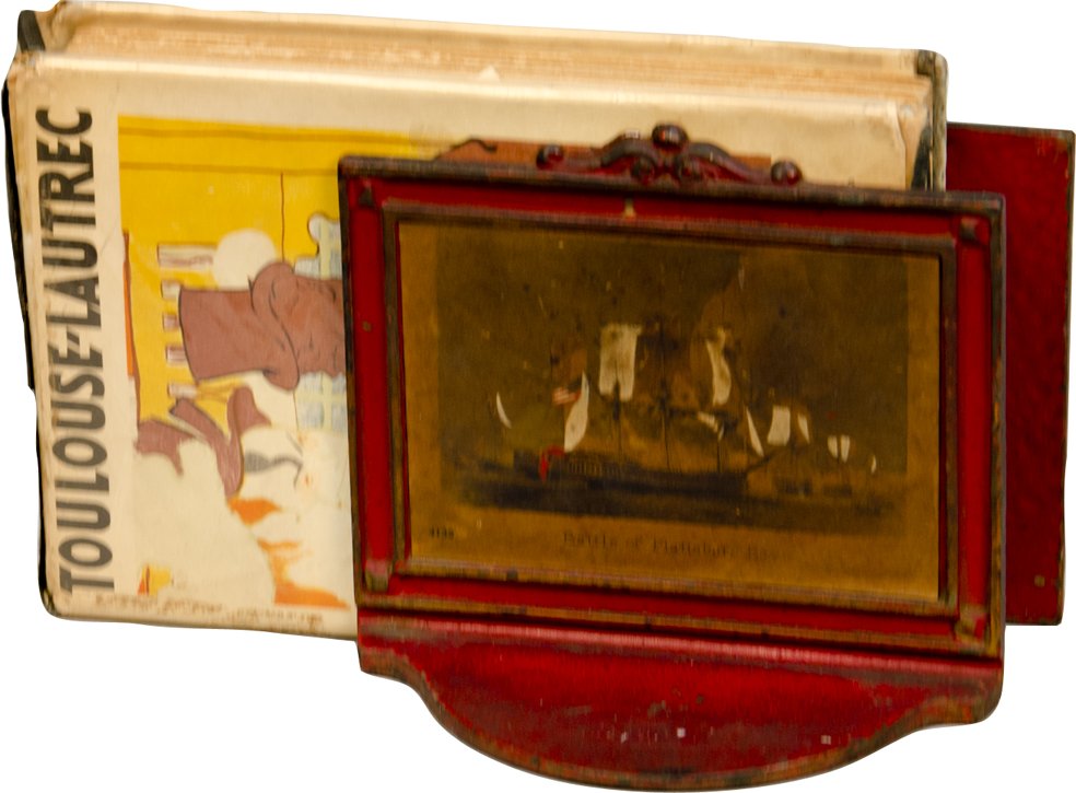 Set of Early Red Cast-Iron "Battle of Plattsburg B: Set of Early Red Cast-Iron "Battle of Plattsburg Bay" Book-Ends, c1915, w/ Gerstle Mack "Toulouse-Lautrec" 1953 Biography Hardcover Book