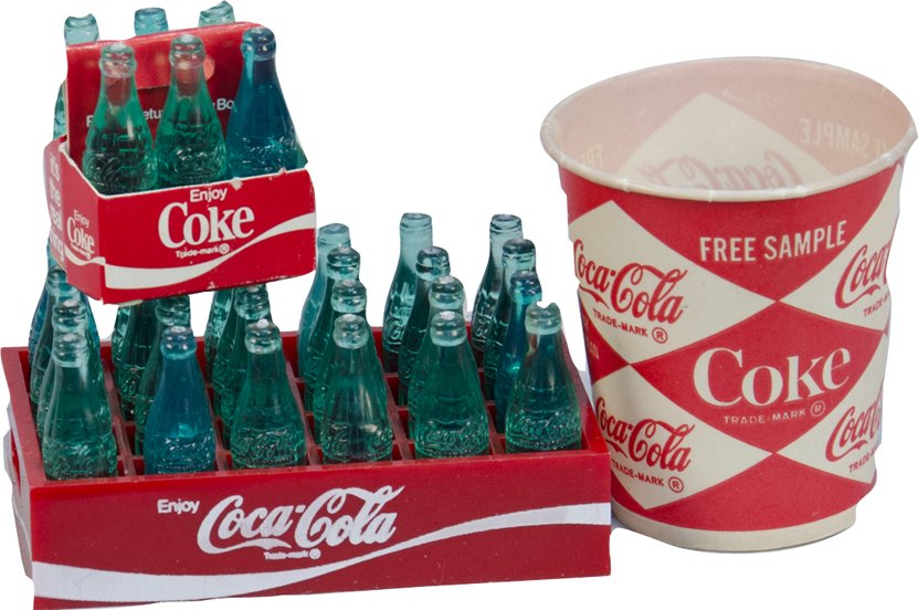 Lot of Small Coca-Cola Items: Lot Of Small Coca-Cola Items: 30 - plastic toy miniature Coca-Cola bottles - 1.5"h each, 1 - paper Coca-Cola miniature carrying case, 1 - plastic miniature Coca-Cola bottle crate - 2.5" x 3.5" & 1 - s