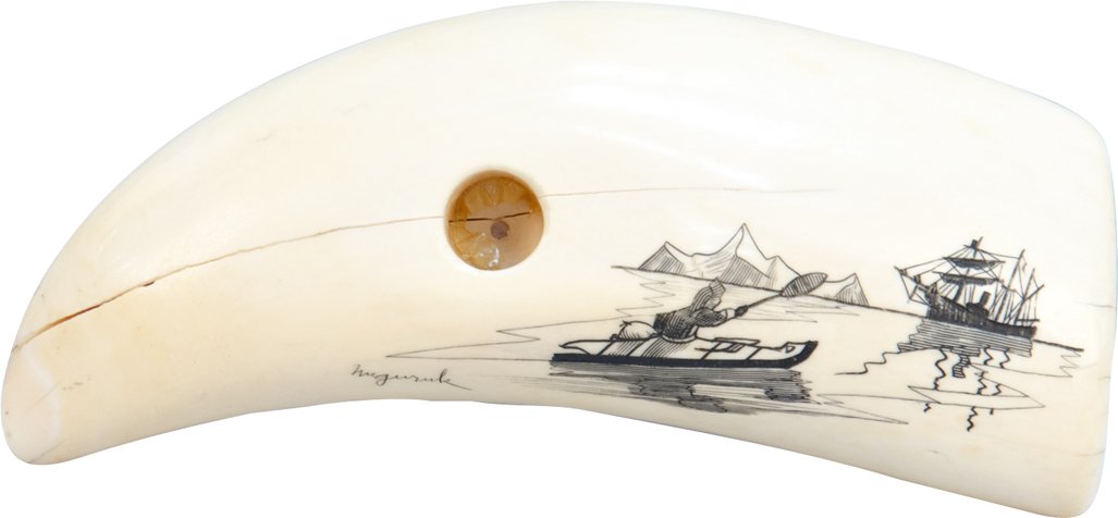 Engraved Tusk w/ Art By Nuguruk: Engraved Tusk w/ Art By Nuguruk, featuring canoe following ship by glacier, not Ivory