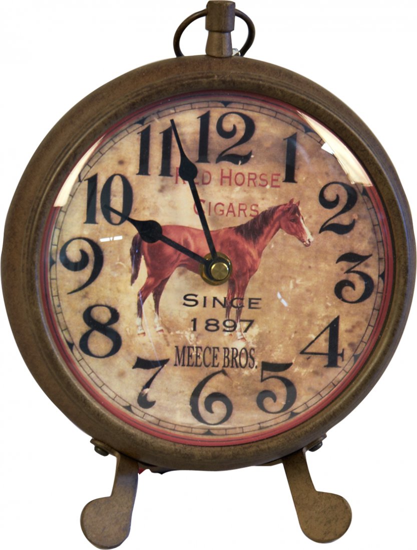 Red Horse Cigars Cast-Iron Wall Mount Or Counterto: Red Horse Cigars Cast-Iron Wall Mount or Countertop Round Advertisement Clock, "Since 1897 Meece Bros." - 7" diameter