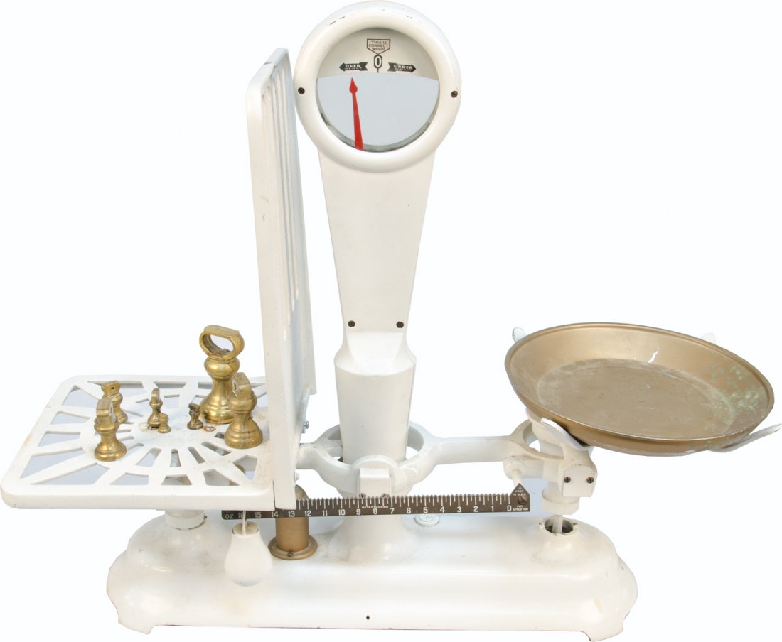 Early White Countertop Detect-O-Gram Balance Scale: Early White Countertop Detect-O-Gram Balance Scale w/ Assorted Weights by Jacob Bros. Scales, New York