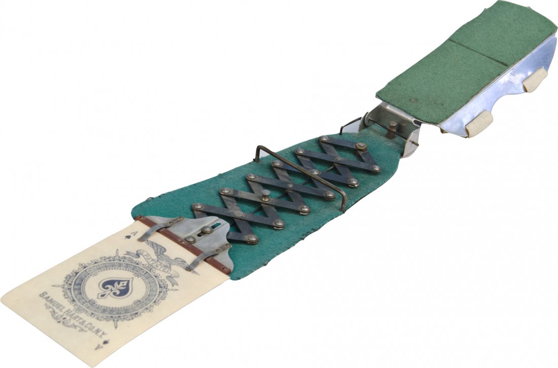 Jacob's Ladder-Style Sleeve Card Hold-Out w/ Samue: Jacob's Ladder-Style Sleeve Card Hold-Out w/ Samuel Hart & Co. N.Y. Playing Card, straps to arm and shoots card out when stretch arm