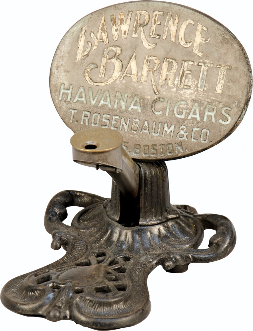 Brunhoff MFG. "Lawrence Barrett Havana Cigars" No.: Brunhoff MFG. "Lawrence Barrett Havana Cigars" No. 216 Pelican Cast-Iron Countertop Cigar Cutter, T. Rosenbaum & Co. Distrs. Boston