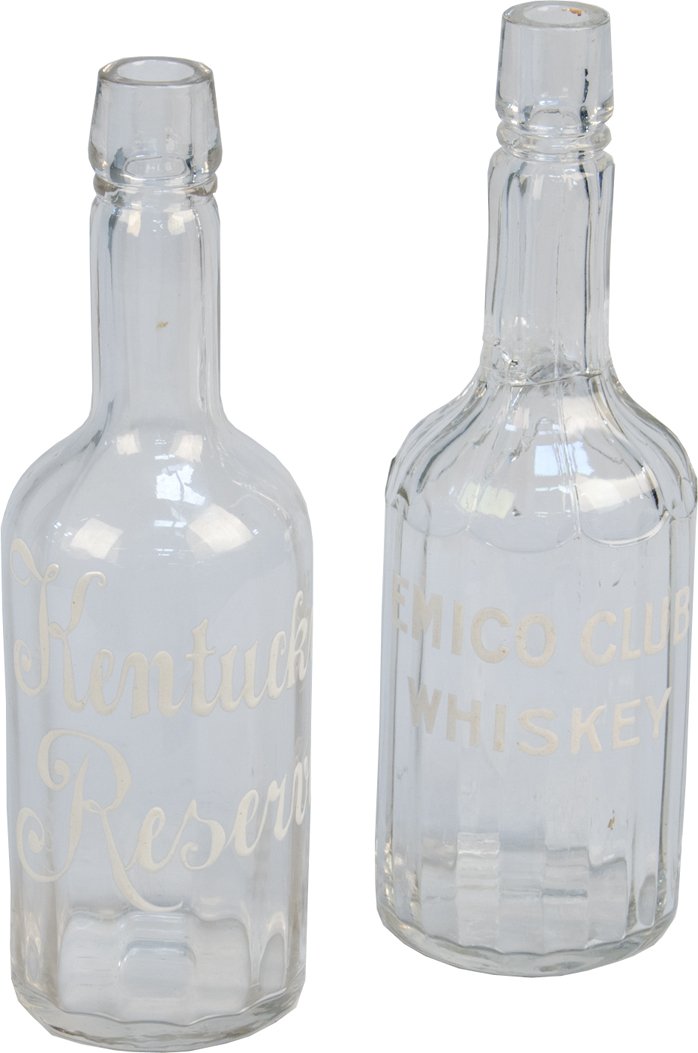Lot of 2 Early Glass Backbar Whiskey Bottles: Lot Of 2 Early Glass Backbar Whiskey Bottles: 1 - Kentucky Reserve & 1 - Emico Club Whiskey, neck has been repaired