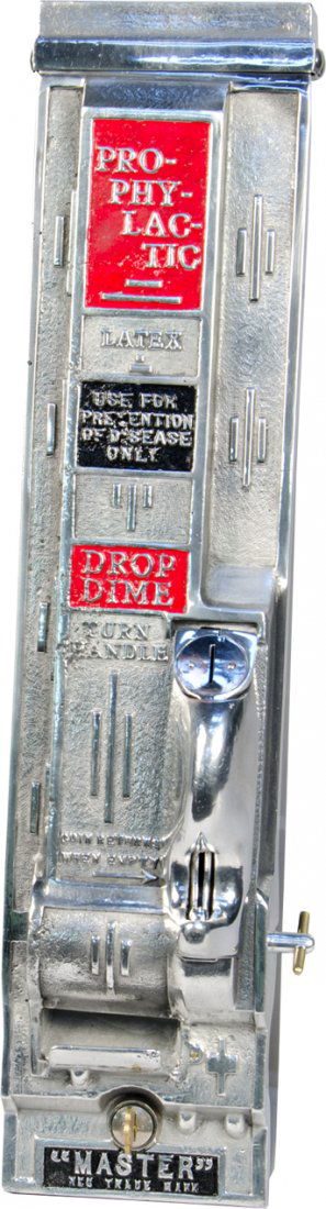 10 Cent "Master" Prophlyactic Wall Mount Column V: 10 Cent "Master" Prophlyactic Wall Mount Column Vending Machine w/ key