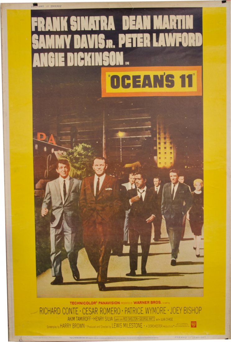 Large Rare Color "Ocean's 11" 1960 Warner Bros. St: Large Rare Color "Ocean's 11" 1960 Warner Bros. Style Z Movie Poster, featuring Rat Pack's Frank Sinatra, Dean Martin, Sammy Davis, Jr., Peter Lawford, Joey Bishop, and Angie Dickinson on the Las Vega