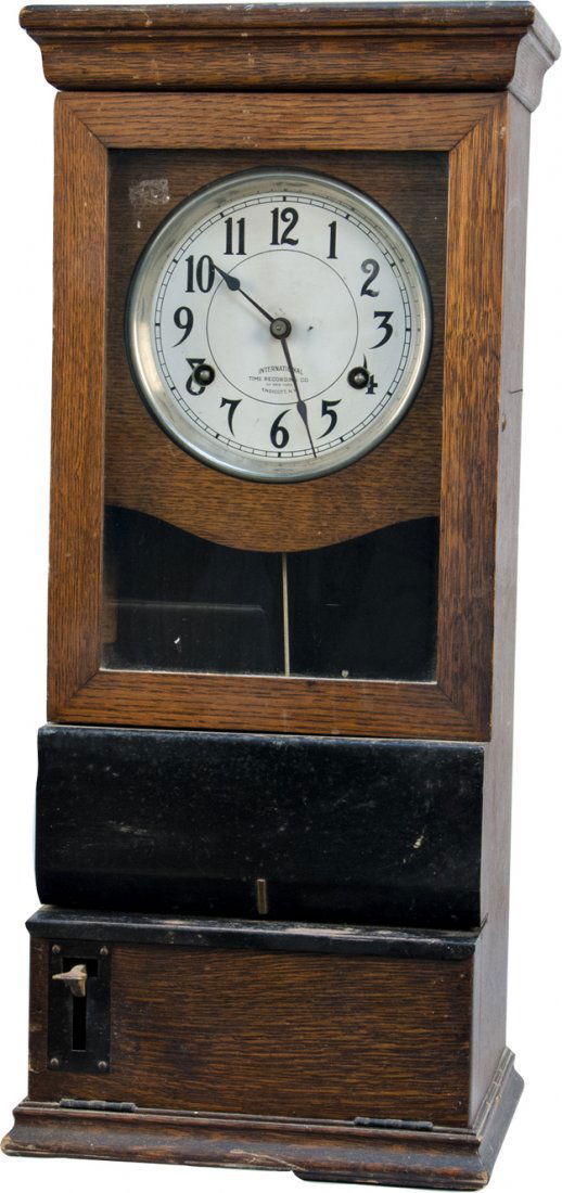 Vintage Oak Wall Mount International Time Recordin: Vintage Oak Wall Mount International Time Recording Co. Of New York Employee Time Clock w/ wind key & lock key