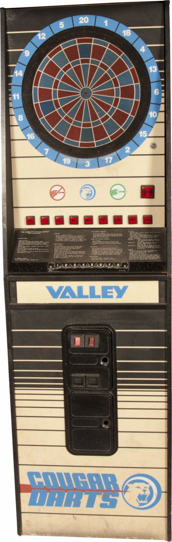 25 Cent Valley Products Inc. "Cougar Darts" Electr: 25 Cent Valley Products Inc. "Cougar Darts" Electronic Floor Model Dart Board Arcade Game, No. 338018, c1980s Lights up Needs Darts, no key