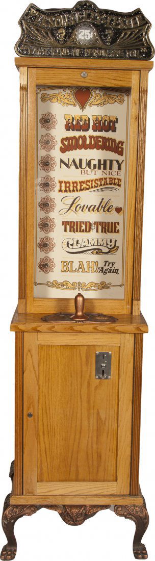 25 Cent "Personality Tester" Squeeze-Handle Arcade: 25 Cent "Personality Tester" Squeeze-Handle Arcade Game, claw foot wood cabinet w/ light-up glass display and marquee top sign "What Kind of Person Are You?", c1970s Works, no key
