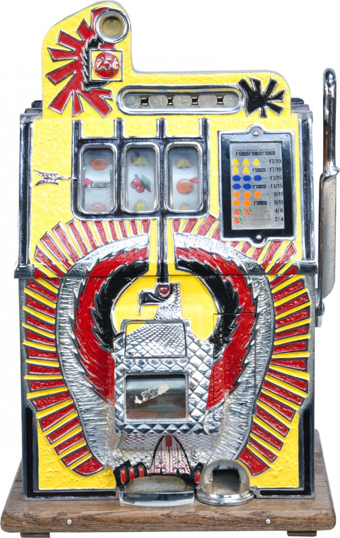 25 Cent Mills Novelty Co. Yellow Front War Eagle ": 25 Cent Mills Novelty Co. Yellow Front War Eagle "Silent" Slot Machine w/ Jackpot, Contemporary (original made c1931) w/ keys