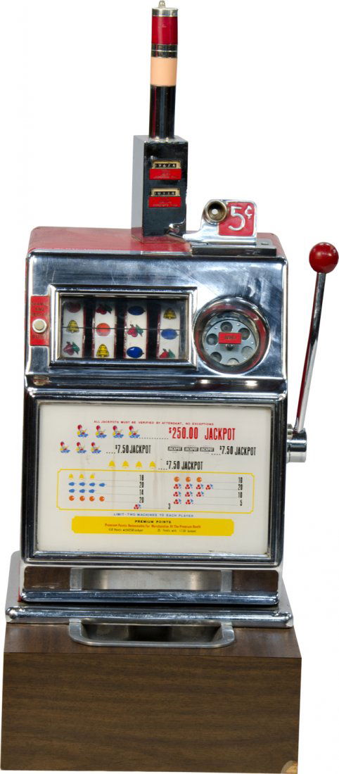 5 Cent Pace MFG. Open Front 4-Reel Jackpot Slot Ma: 5 Cent Pace MFG. Open Front 4-Reel Jackpot Slot Machine on Wood Base w/ top light, counter, and service button, 1961 w/ key