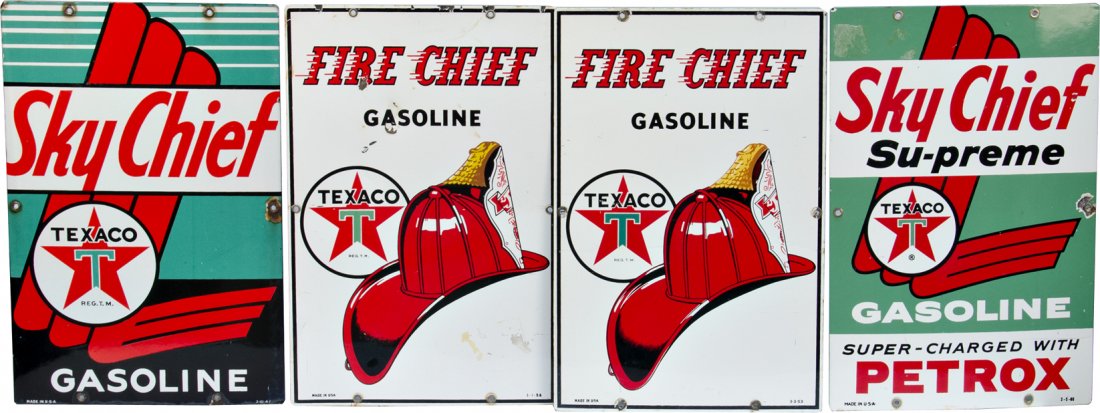 Lot of 4 Tin Gasoline Signs: Lot of 4 Tin Gasoline Signs: 2 - Fire Chief Texaco Gasoline Signs featuring fireman's hat, Made In U.S.A., 3-1-58 and 3-3-53, 1 - Sky Chief Su-preme Texaco Gasoline Sign, "Super-Charged with Petrox",
