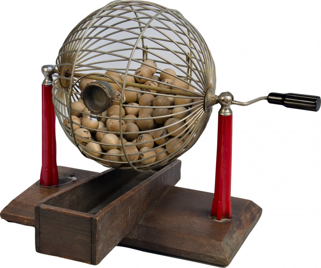 Small Keno Goose Cage w/ Numbered Wooden Balls: Small Keno Goose Cage w/ Numbered Wooden Balls and Wood Base - base 12" long, approx. 12"h