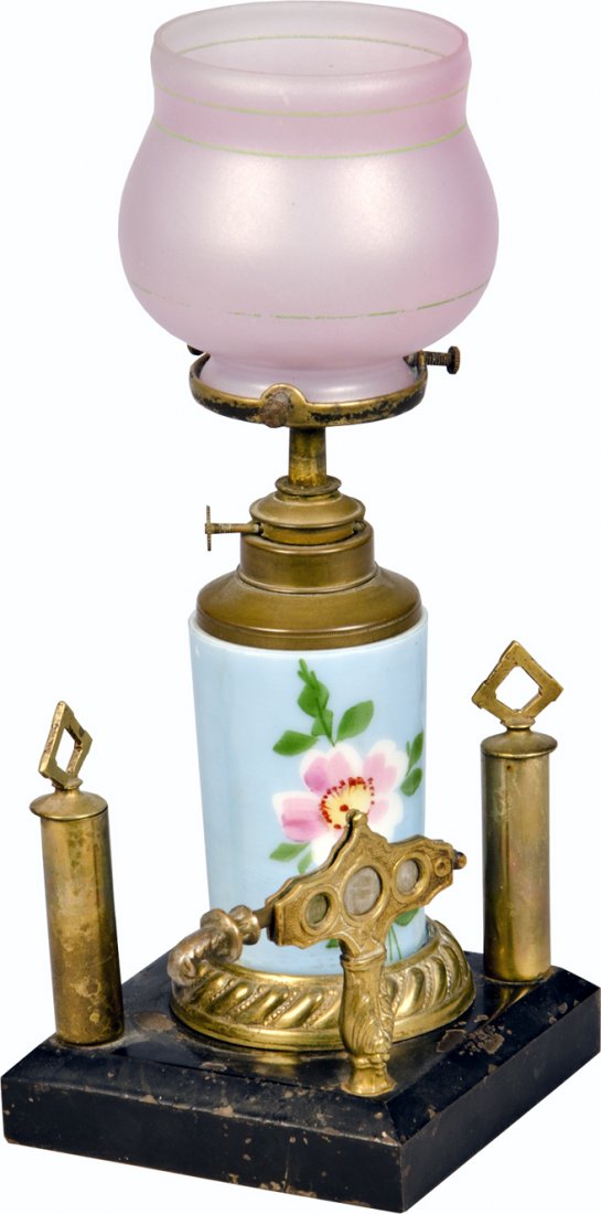 Flower Counter Cigar Lighter And Cutter On Cast-Ir: Flower Counter Cigar Lighter and Cutter On Cast-Iron Base, Blue ceramic lighter w/ rose glass globe - 11"h