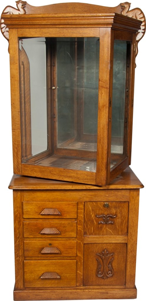 Early Oak & Glass Dental Office Cabinet: Early Oak & Glass Dental Office Cabinet w/ rotating top, looks to be original, in good condition - 32" x 24" x 74"h
