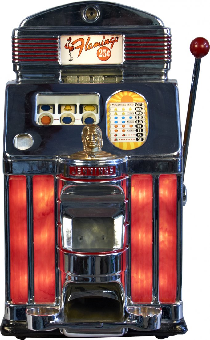 25 Cent O.D. Jennings Sun Chief "Flamingo" Light U: 25 Cent O.D. Jennings Sun Chief "Flamingo" Light Up Slot Machine w/ hand load jackpot, c1949, w/ keys